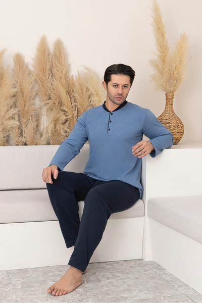 embody Men's cotton cotton wadded long pyjamas, large sizes blue P605-789