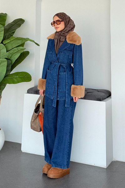 Şulemoda Giyim Denim Sleeve Collar Fur Suit Dark Blue