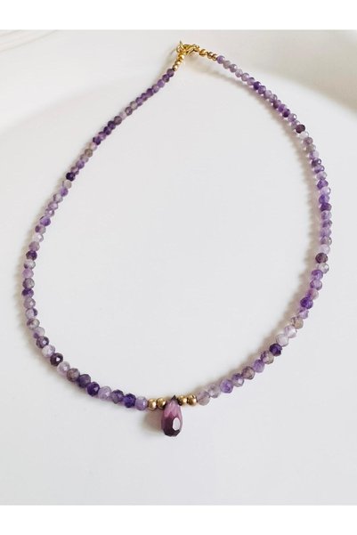 DEVİ fashion Amethyst Natural Stone Drop Necklace 45 cm