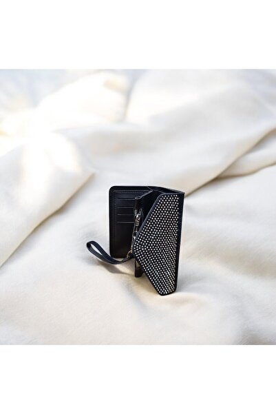 ZİVORA Women's Black Column Strap Fur Plush Crossbody Bag with Stone Multi-Compartment Wallet Set