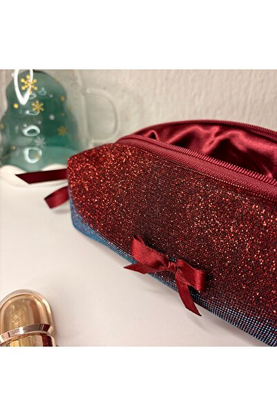 PİNKUE Premium Simli Bordo Makyaj Çantası/ Kalemlik – Geniş Hacimli, Saten Astarlı, Özel Tasarım
