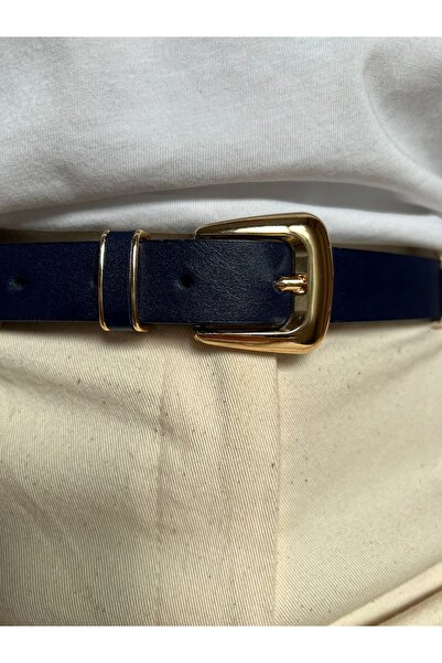 Eksibir Gold Tokalı Lacivert Kadın Kemeri Elbise Kemeri Pantolon Kemeri