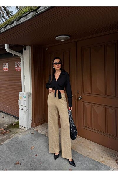 avolla tr تفاصيل حجرية عالية الخصر بنطلون واسع الأرجل