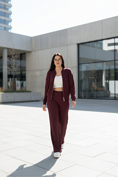 EYLANA Plum Fleece-Lined Knit Pants Bomber Jacket Women's Set
