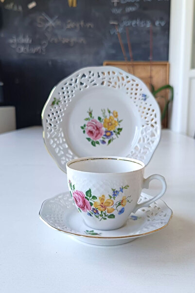 Bavaria Schumann Arzberg Tradition Flower Bouquet Antique Coffee Cup Set 3 Pieces 120 ml