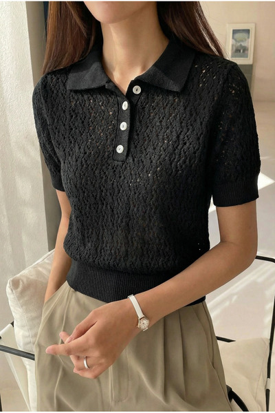 FEMELLE Women's Black Short Sleeve Buttoned Lace-Like Knit Knitwear Blouse
