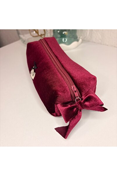 PİNKUE حقيبة مكياج/حامل أقلام مخملي باللون العنابي، مبطن بالساتان، مصنوع يدوي...