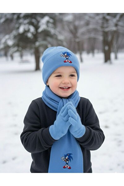 ARYA STYLE Atkı|bere|eldiven| 3'lü Çocuk Set (sonic Desenli ) 4-10Yaş