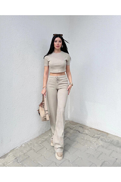 ZENGEZUR MALL Drnds Wide Leg Pants Top and Bottom Set Beige (220832) (Size: L)
