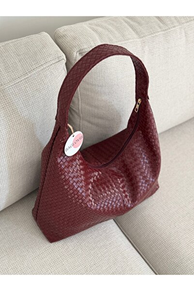 BAGLOVİS Plain Knitted Leather Detail Burgundy Women's Shoulder Bag En40 Boy27
