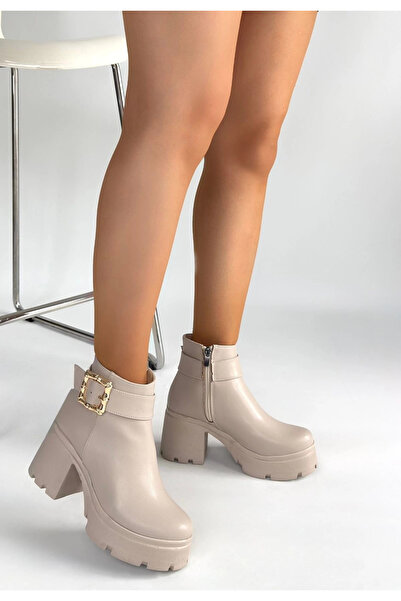 ZENGEZUR MALL Drnds Pinma Beige Leather Heeled Boots (220655) (Size: 36)
