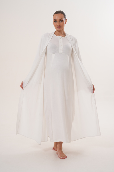 BLACKMORE Women's Ecru Jacquard Lace Detailed Cotton Full Length Maternity Nightgown Dressing Gown Set of 2