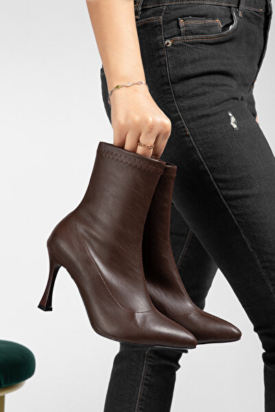 Genetti MADELEINE Botine pentru femei, maro amar, cu toc subțire, cu vârf ascuțit, cu fermoar, până la gleznă