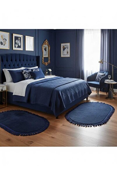 ALTUN CARPET LACİVERT RENK ponpon saçaklı plüş halı 3 takım halınde 1 adet 60...