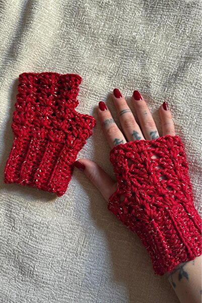 MELUSH Kırmızı El Örgüsü Parmaksız Eldiven - Tığ İşi, El Yapımı, Örgü