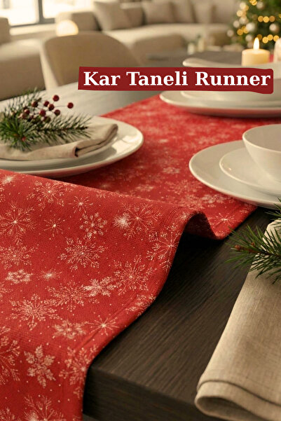 KAMİZ Red Snowflake Runner Stain and Liquid Repellent