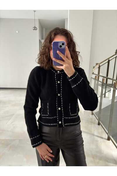 Sude Kızanlıklı Piped Detail Pocket Soft Knit Cardigan