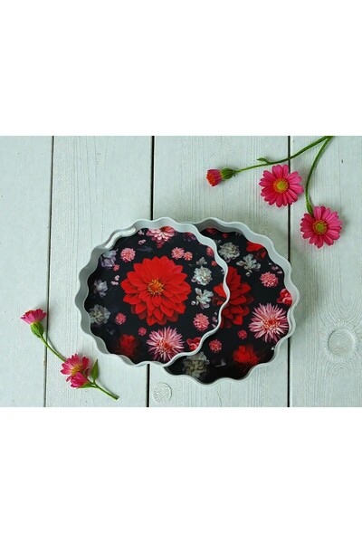Canbay Store 2 li Papatya Kırmızı Çiçekli Tepsi Siyah Kahve Tepsisi