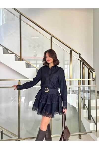 Sude Kızanlıklı Etek Ucu Ve Kolları Dantelli Beli Kemerli Denim Elbise