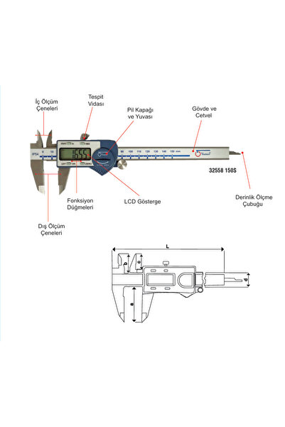 Yamer Dijital Kumpas IP54 Korumalı 0-150/0,01mm 32558-150s