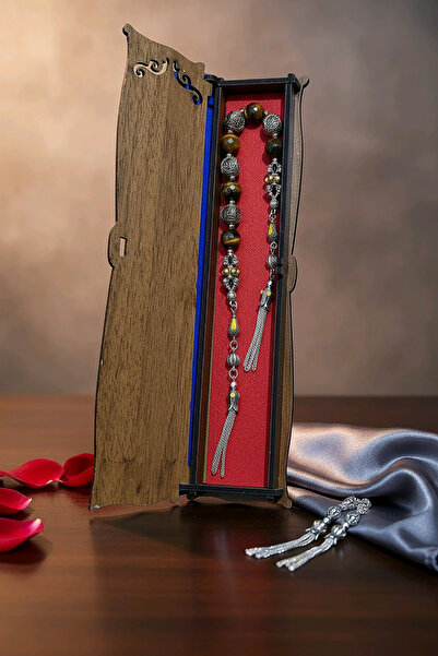 aytens Usta İşi Pirinç İşlemeli ve Doğal Taşlı Zamak Zaza Tesbih - Özel Tasarım Kaplan Gözü Taşı