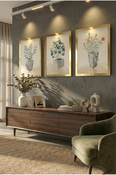 Dekorobi Modern 3'lü Sulu Boya Botanik Tablo Seti - Gümüş Çerçeveli Beton Sak...