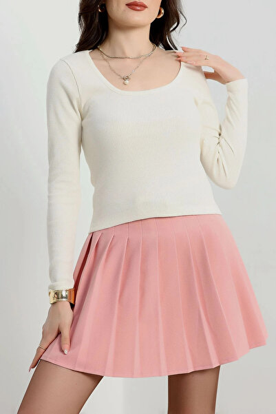 ZENGEZUR MALL Drnds U-Neck Ribbed Knit Blouse White A132 (221424) (Size: L)