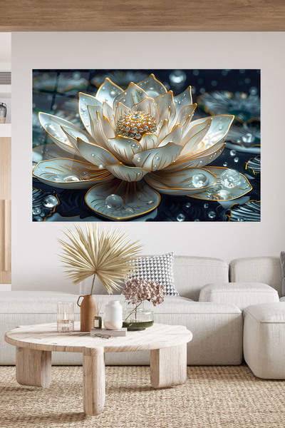 DecorAnatolia Lotus Çiçeği Su Damlası Cam Tablo