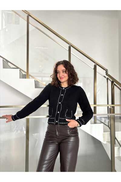 Sude Kızanlıklı Piped Detail Pocket Soft Knit Cardigan