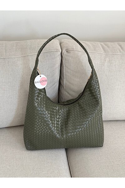 BAGLOVİS Simple Sleek Knitted Leather Detail Khaki Women's Shoulder Bag En40 Boy27
