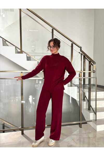 Sude Kızanlıklı Turtleneck Sweater Pants Knitwear Set