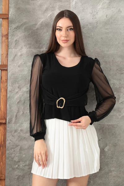 ZENGEZUR MALL Drnds Buckled Tulle Sleeve Blouse Black T4071 (221401) (Size: L)