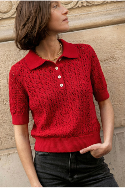 FEMELLE Women's Short Sleeve Buttoned Lace-Like Knit Knitwear Blouse