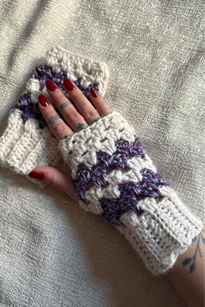 MELUSH Beyaz ve Mor El Örgüsü Parmaksız Eldiven - Tığ İşi, El Yapımı, Örgü