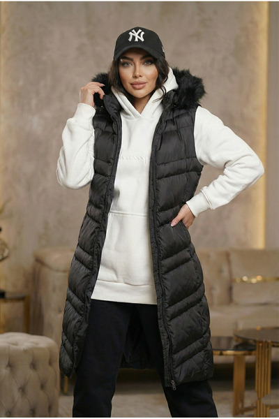 PINNOREM Kadın Siyah Kapüşonu Kürklü Şişme Yelek
