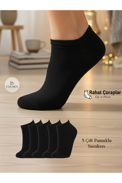 Cousen 5 Çift Siyah Sneakers Unisex Çorap Bilek Pamuklu