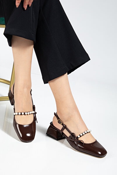 Genetti Ceyly Small Pearl Band Detailed Coffee Patent Leather Casual Women's Heeled Shoes