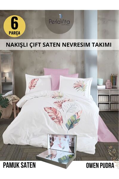 Dantela OWEN Pembe Nakışlı Pamuk Saten Nevresim Takımı 6 parca