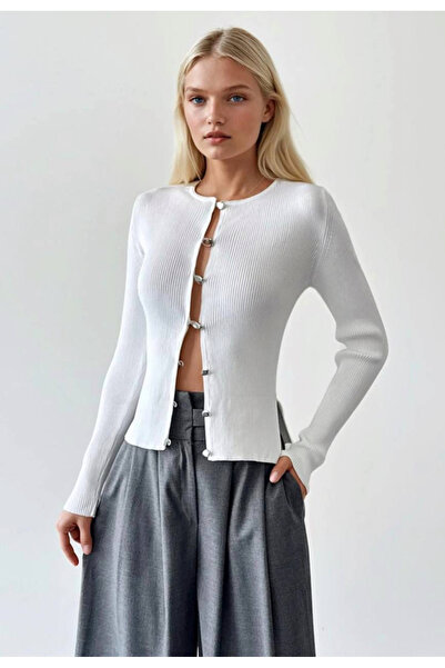 jöns since 1997 Women's Silver Buttoned Sides Slit Corded Fabric Knitwear Cardigan