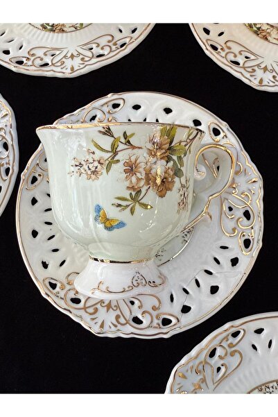 LOKMAN ZÜCCACİYE SHOWROOM Gold Gilded 6-Person Green Color Flower Motif Coffee Cup Set Flower (90ml)