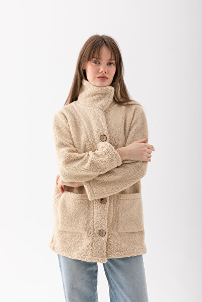 EtkiModa Women's Cream Buttoned Fleece Cardigan