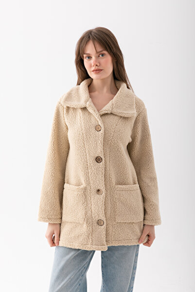 EtkiModa Women's Cream Buttoned Fleece Cardigan