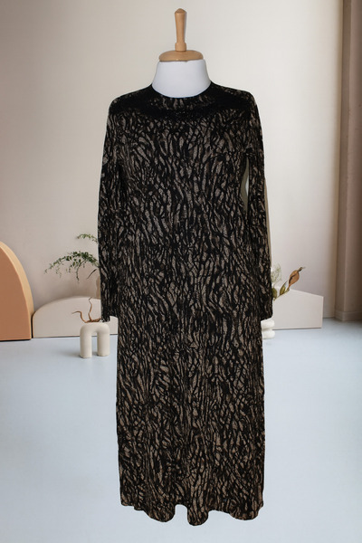 HESNA Women's Asude Winter Quality Leopard Mixed Pattern Black Plus Size Mother Dress
