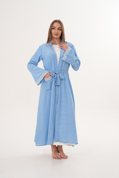 BLACKMORE Women's Blue Jacquard Lace Detailed Cotton Full Length Maternity Nightgown Dressing Gown Set of 2