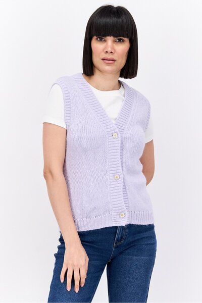 Monki Women V-Neck Sleeveless Knitted Cardigan Vest, Lavender