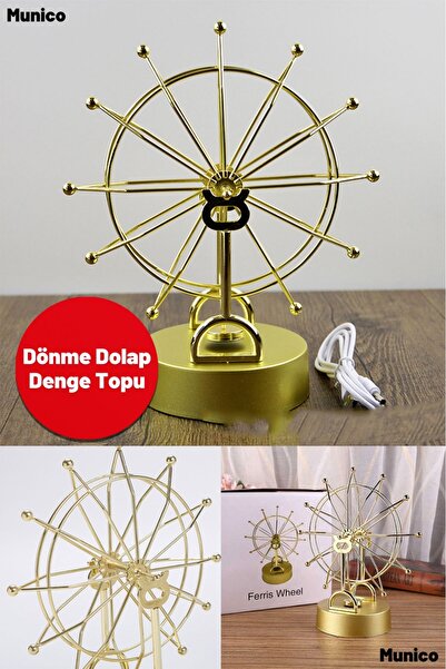 Munico Altın Renk Kalıcı Hareket Modeli – Dönme Dolap Tasarımlı Manyetik Masaüstü Dekor Sonsuz Kuvvet