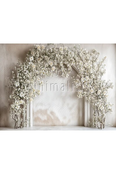 Minimalisfy Beyaz Çiçekli Romantik Kemer Arka Plan Perdesi 200x150cm Stüdyo Arka Fonu
