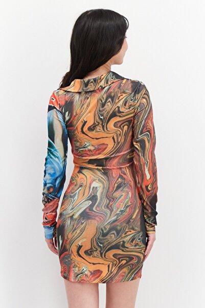 NEW girl ORDER Women Abstract Print Mini Dress, Orange Combo
