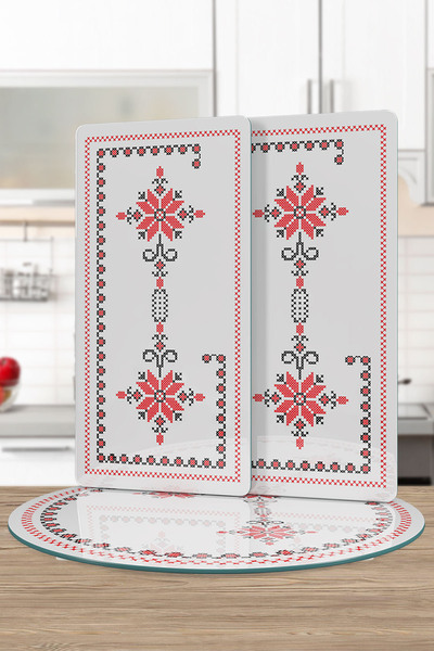 Decovetro Glass Presentation Serving Plate Set of 3 Round with Cross Stitch Pattern