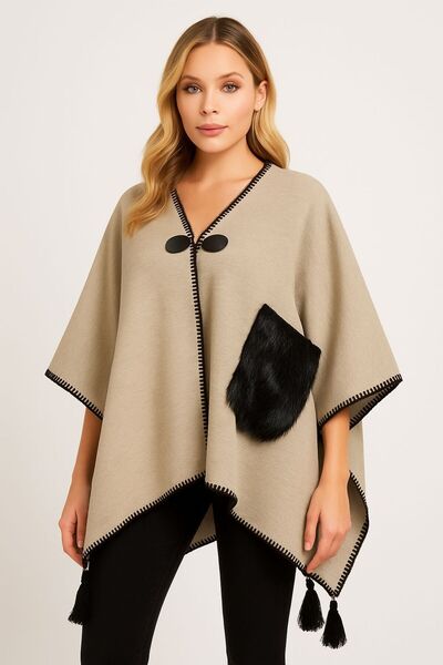 sf collection Women's Casual Model Fur Detailed Knitwear Knitted Poncho